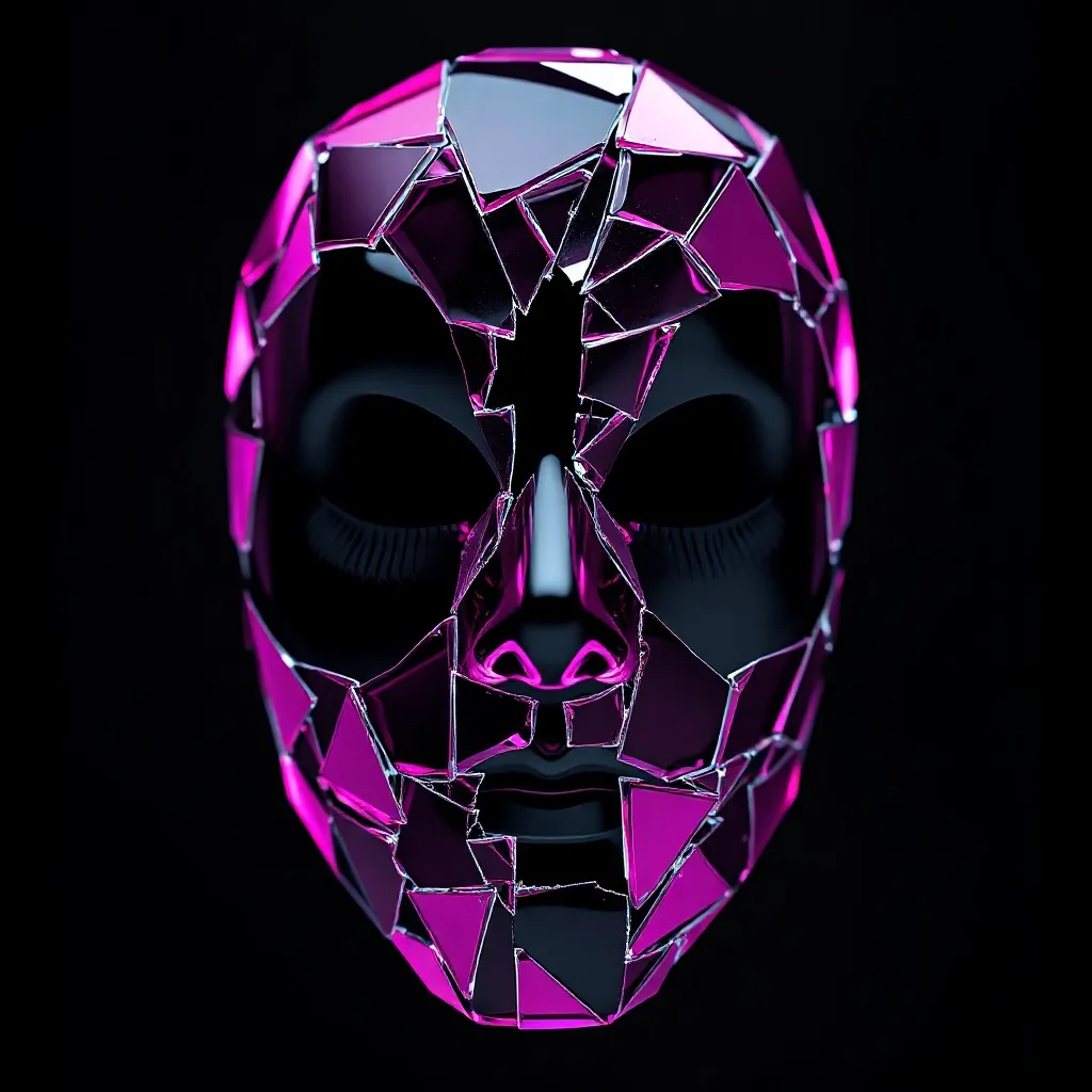 A broken digital mask made of pink glass pieces on a black b