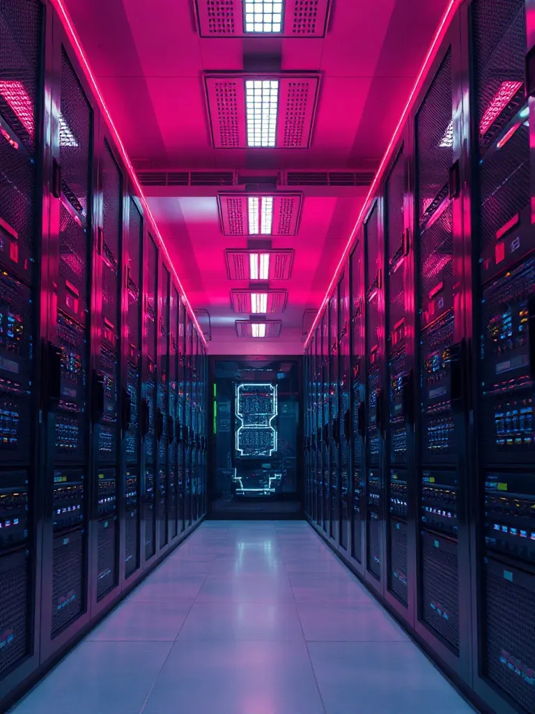 High-tech server room with soft pink and gold ambient lighti