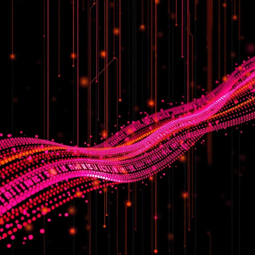 Abstract digital data stream with glitch effects, pink and g