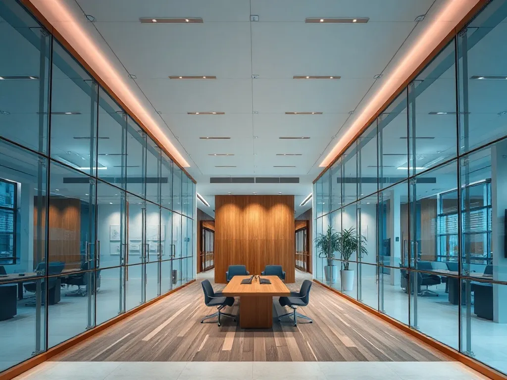 Modern Japanese office building interior, clean glass and wo