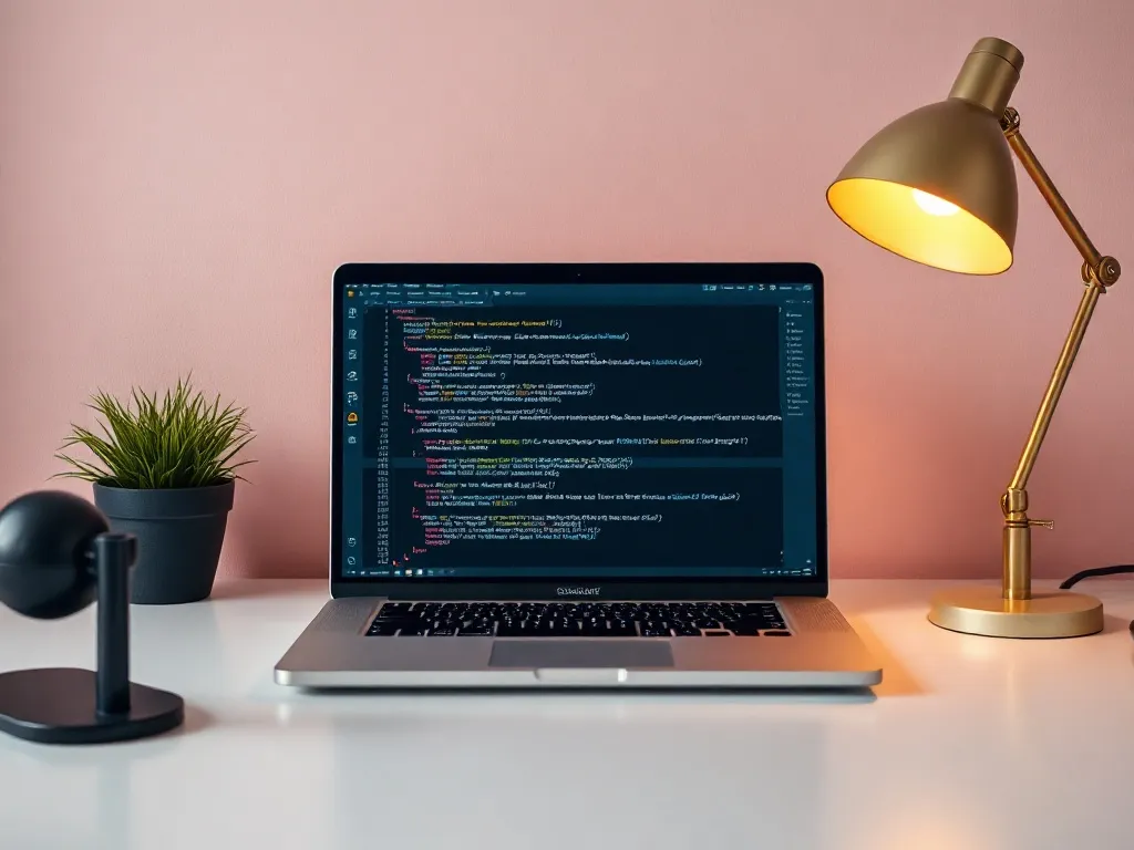 A clean desk with a laptop displaying code and a warm gold l